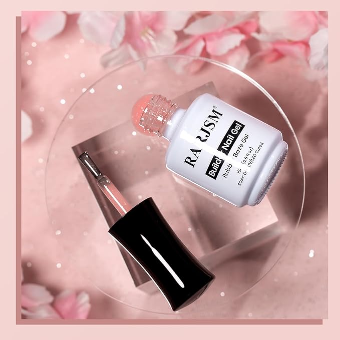 RARJSM Glitter Rubber Base Gel Nail Polish Nude Peach Pink Rubber Base Rainbow Iridescent Shimmer Brush on Quick Extend Builder Hard Gel Soak Off Curing Requires 15ml Salon Home French Manicure