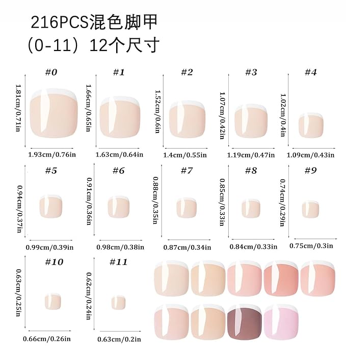 9Packs 216Pcs French Tip Press on Toe Nails Short Square Fake Toenails Glossy Chrome Acrylic Nails Nude Nature Artificial False Toe Nail Glue on Nails for Women Girls Manicure Nails Decoration