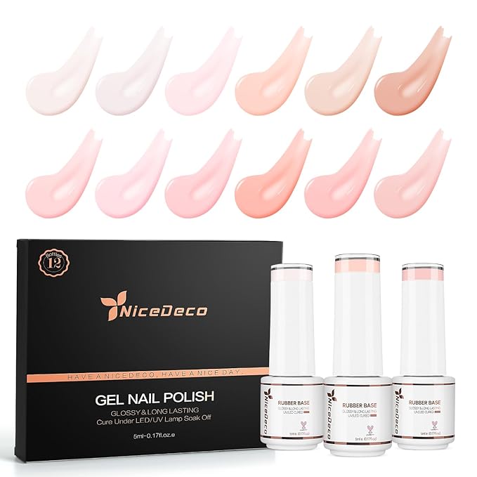 Nicedeco Rubber Base Gel Polish for Nails, Hema Free, Cruelty Free, Vegan, 12 Pcs Rubber Gel Nail Strengthener Nude Pink Nail Polish Kit 2