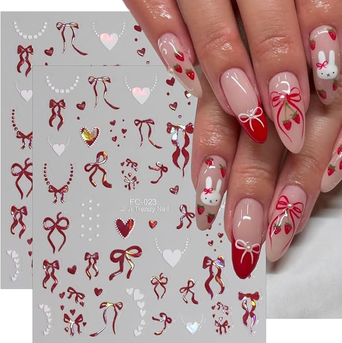 8 Sheets Valentines Day Nail Stickers for Nail Art Self-Adhesive Cute Bow Nail Art Stickers 3D Laser Bowknot Heart Star Nails Decals Red White Design French Tip Manicure Decorations Supplies for Women