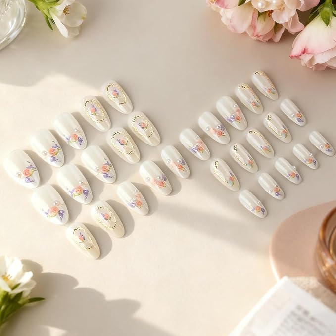 Almond Press on Nails - Short Fake Nails with Flower & Golden Frame Design, White French Tip False Nails, Glossy Acrylic Full Cover Stick on Nails for Women Manicure 30Pcs