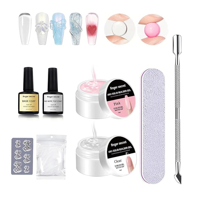 Solid Nail Builder Gel Set, Pink&Clear Extension DIY Non Stick Hand for NailArt, Solid Builder Gel for Long Lasting Manicures Enhancement Poly Nail