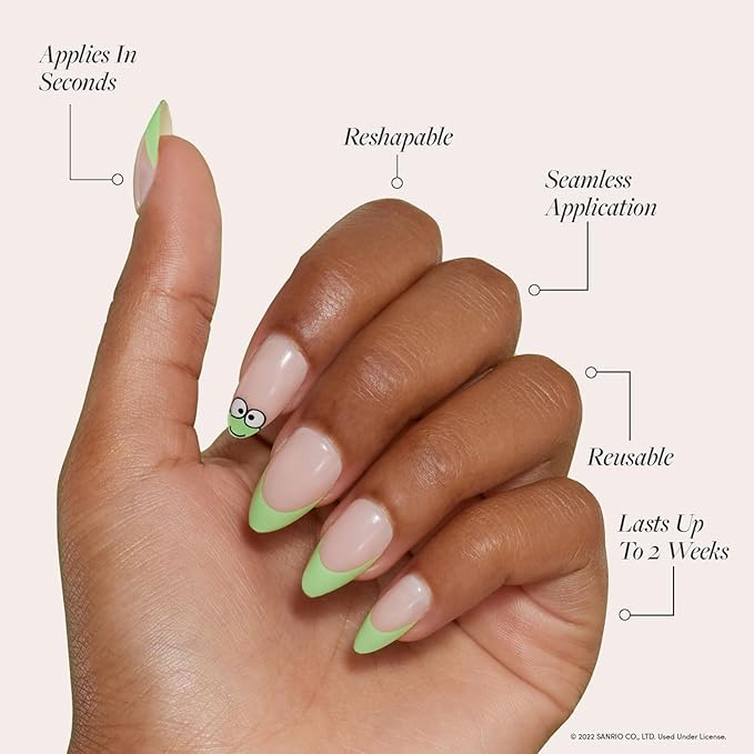 Glamnetic x Hello Kitty® and Friends Press On Nails - Keroppi™ | Green French Tip Short Almond Graphic Nails in a Glossy | 15 Sizes - 30 Nail Kit with Glue