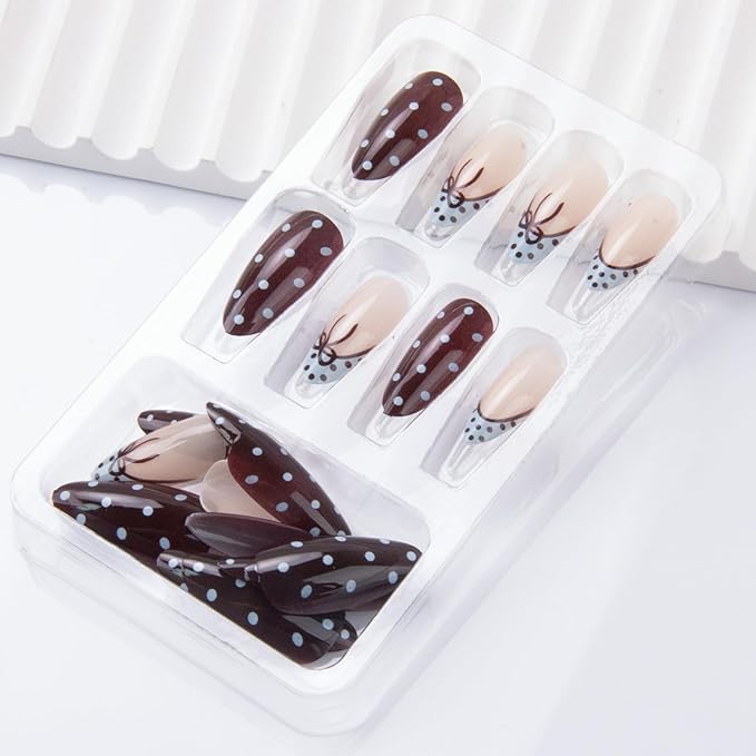 Polka Dot Press on Nails Almond Fake Nails French Tip False Nails Blue Brown Medium Acrylic Nail Glossy Full Cover Glue Stick on Nail for Women Manicure 24Pcs