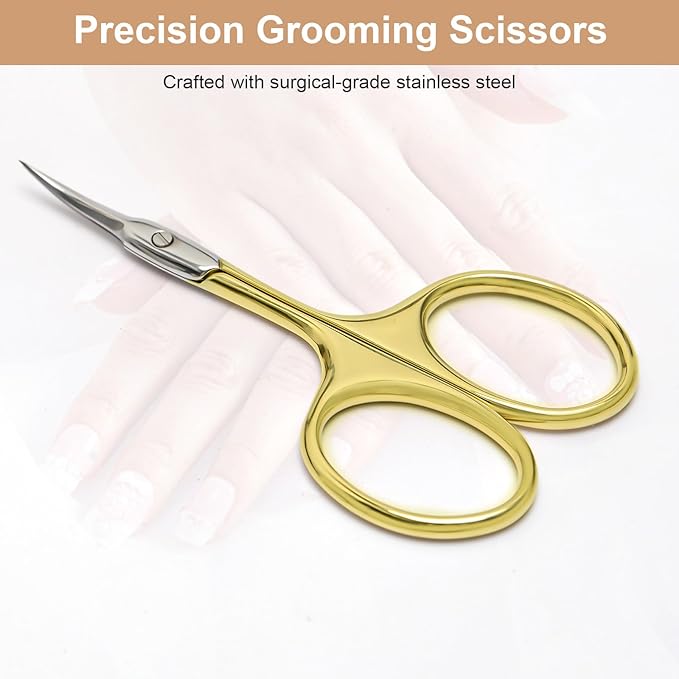 CGBE Manicure Scissors, Extra Fine Eyebrow Scissors for Grooming, Curved Blade Nail Scissors Precise Pointed Tip Grooming Kit for Eyebrow, Eyelash, Trim Nail and Dry Skin, Gold