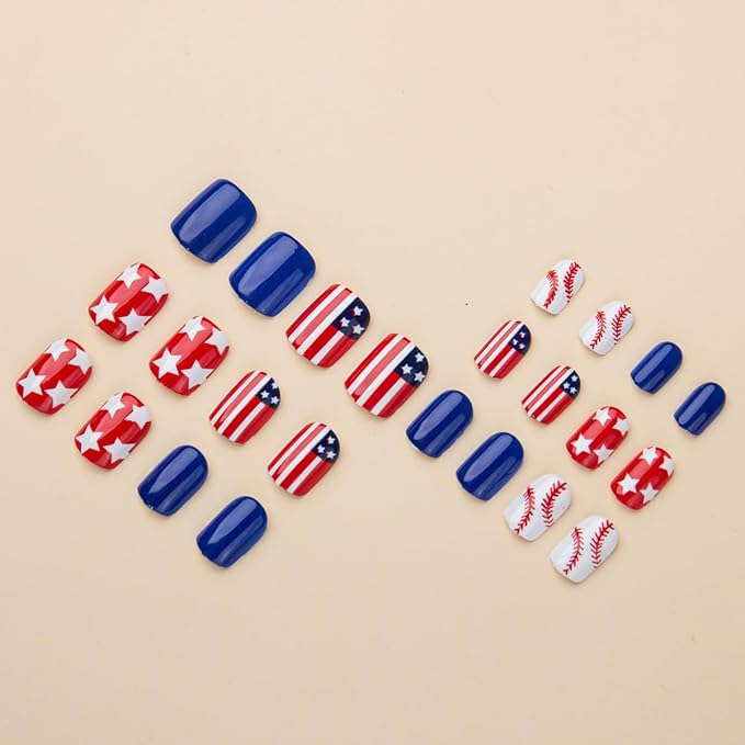 24Pcs Independence Day Press on Nails Short Square Fake Nails with Baseball Designs Patriotic Glossy False Nail for Women Stripe Acrylic Stick on Nails Cute Glue on Nail for 4th of July