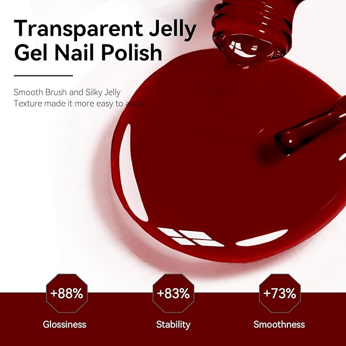 MEGIOR Jelly Burgundy Gel Nail Polish 0.5 Fl Oz Jelly Red Transparent Soak Off UV LED Lamp Light Cure Gel Polish Kit for Salon and Nail Art Starter Manicure DIY at Home