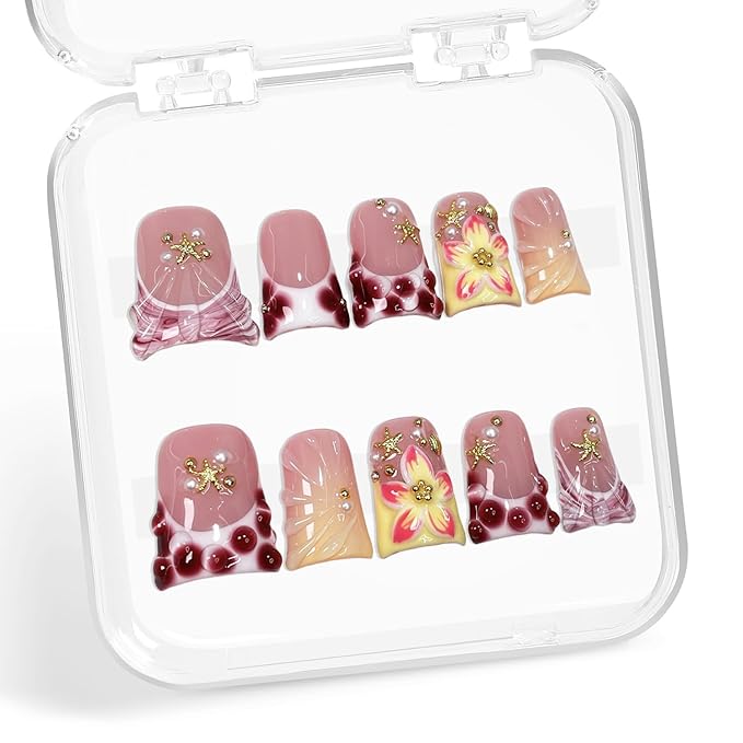 Duck Handmade Press on Nails Short Muti-Layer Gel False Nail Kit Blue Pink French Tip Fake Nails with 3D Flower Starfish and Pearl Design Luxury Artificial Full Cover Stick on Nails for Women (Size M)