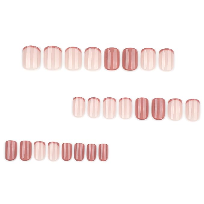 Brown French Tips Press On Nails Short, Acrylic Press On Nails Square, Glossy Fake Nails Kit, Thick Natural Reusable Stick On Nails for Women, 24Pcs