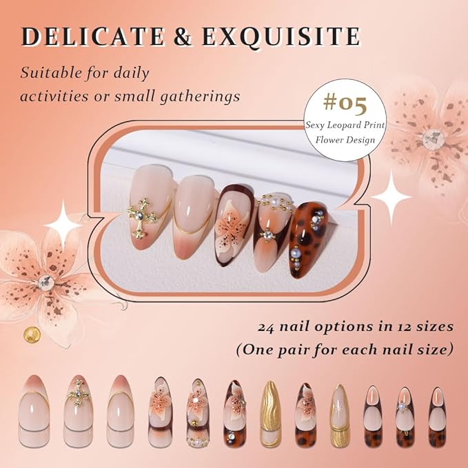 3D Press on Nails Medium Almond with Leopard & Flower Design, Sexy 3D French Tip Nail Press ons Glossy Stick on Nails for Women Reusable with Kit, Stick on Sexy Fake Nail with Designs Perfectly Fit