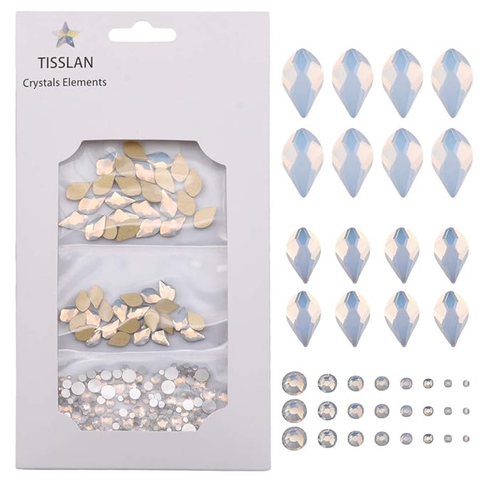 50pcs White Opal Nail Crystals 2 Size Flame Shape Rhinestones Design 480pcs Round Flatback Stones ss3 to ss20 Mix for Nail Art Decoration
