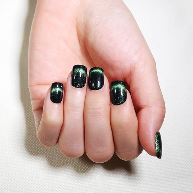 Green Press On Nails Short Square,Cat Eye Fake Nails,Defined Smile Line Design with a Radiant Gloss Effect, Glossy Gel Finish Acrylic Short Press On Nails, Thick Reusable Glue On Nails for Women