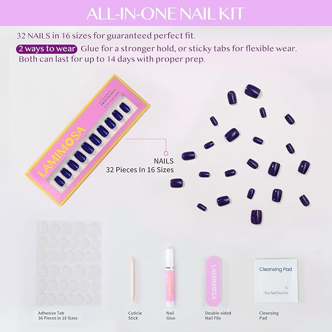 LAMIMOSA 32Pcs Press On Nails Short Square – Soft Gel Navy Blue Fake Nails in 16 Sizes, Reusable Glue on Nail kit, NAVY BLUE