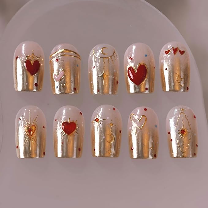 Valentines Nail Art Stickers Red Heart Nail Decals 5D Embossed Nail Supplies Gold Star Moon Nail Design for Women Holiday Nail Decorations Accessories