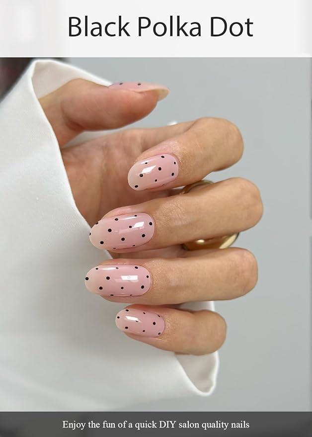 Semi Cured Gel Nail Strips (Black Polka Dot), Bare Pink, 20 Pcs Gel Nail Wraps, Stickers, Long Lasting, Works With Any UV Lamps