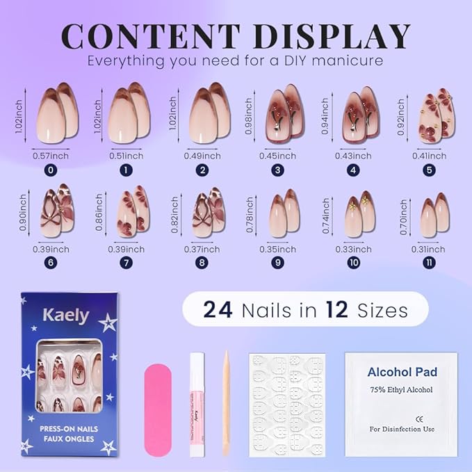 evpct 3D Red Cherry Press on Nails Short Almond with Butterfly Design, Coffee Tip Stick on Nail for Women Gift with Kit, Reusable Full Cover Soft Gel Press on Fake Nail with 3D Red Bow Design