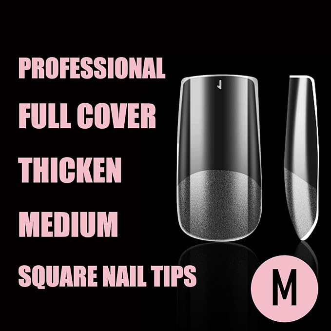 Square Nail Tips Medium Thicken Soft Gel Nails Pre-etched Clear Full Cover Press on Acrylic Fake Nail Extension for Manicure Salon Home DIY 360Pcs 15 Sizes Black Box Collection