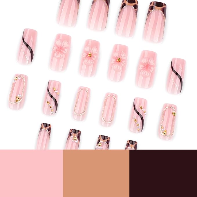 Press on Nails Square - Medium Fake Nails with Flower Design - Leopard Print French Tip False Nails - for Women 24 Pcs