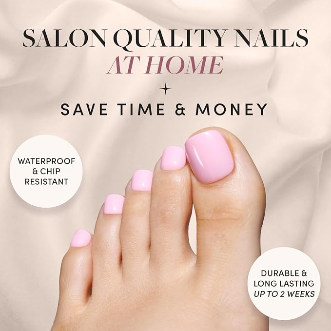 Glamnetic Press On Toenails - Think Pink | Solid Opaque Pale Pink Fake Toe Nails with a Glossy Finish | 16 Sizes - 32 Toe Nail Kit with Glue