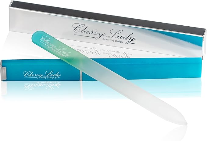 ClassyLady Glass Nail File - Crystal Nail File, Filing Board for Professional Fingernail Care and Smooth Precise Filing, Easy to Clean - Blue/Yellow with case