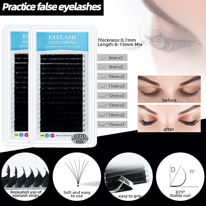 Lash Extension Kit Professional Eyelash Grafting Training Tools Mannequin Head USB Fan Lash Shampoo 0.07D Curl Mix 8-15mm Glue Practice Eyelash Strips Lash Mapping,Exercise Set for Beginner