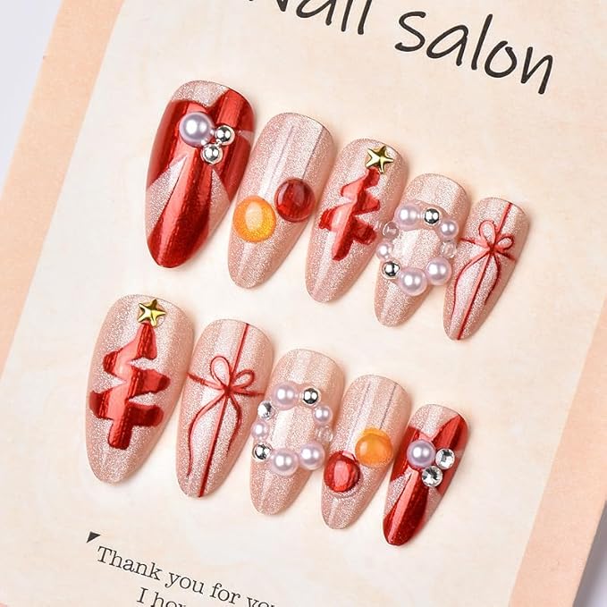 Christmas Press on Nails Medium Almond Fake Nails Red Christmas Tree False Nails Xmas Winter Cat Eye Glue on Nails with Pearl Reusable Acrylic Nail for Women Manicure 24Pcs