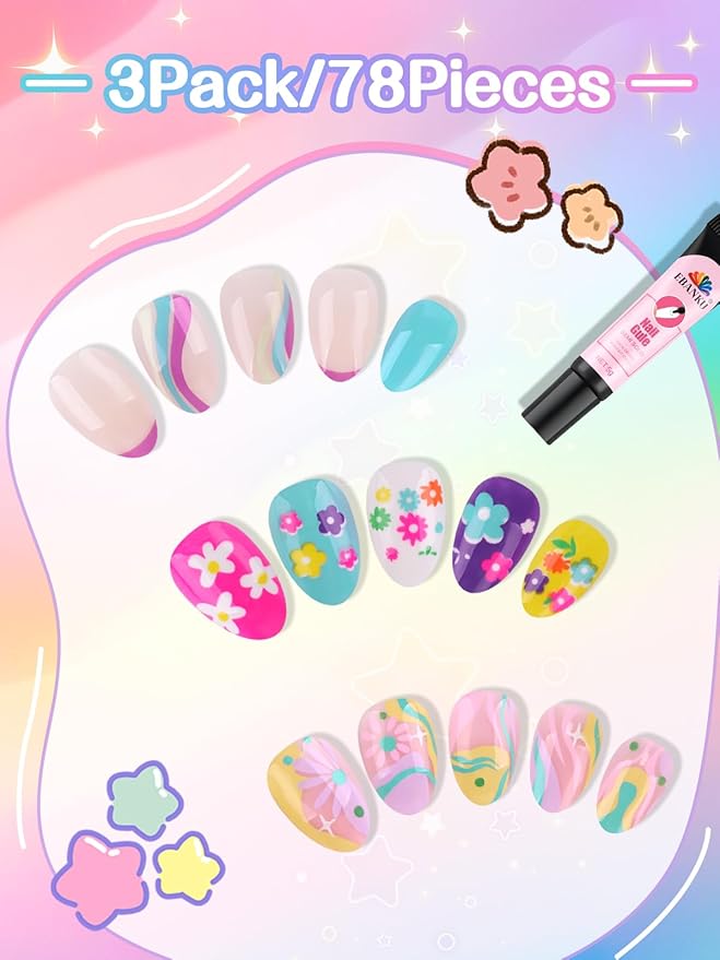 EBANKU 78 Pcs Press on Nail kids, Almond 3 Pack Children Fake Nail Kit Full Cover Short False Fingernails with Nail Glue for Girl Nail Decoration