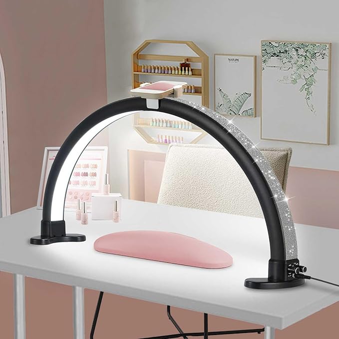 Half Moon Light with Phone Holder, Adjustable Brightness 2700K-6000K, 45W Rhinestones Arch Light for Nail Techs