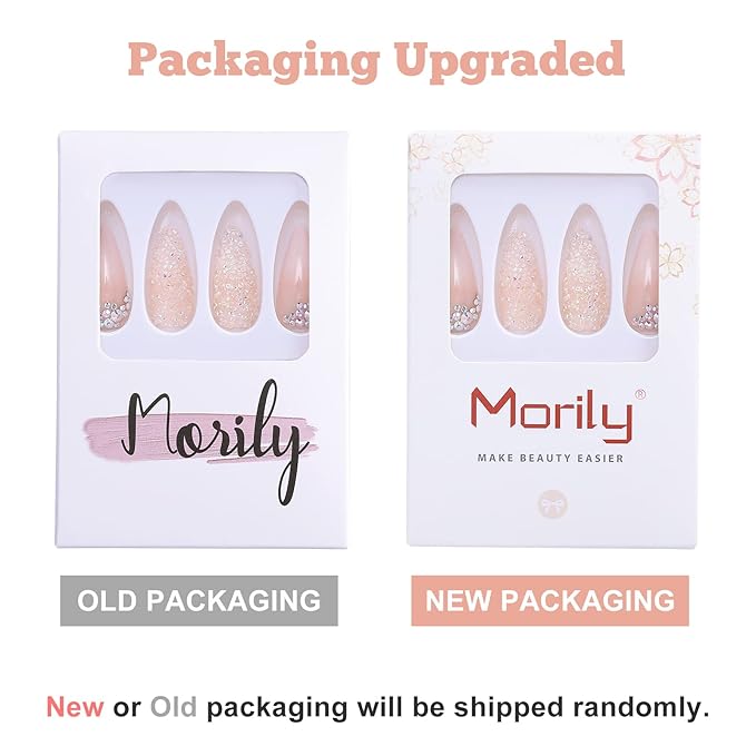morily 24Pcs Ombre Press on False Nails with Design Glossy Pink Stiletto Fake Nails Kit Medium Length Long Luxury Crystal Acrylic Stick on Nails Tips Artificial Finger Manicure for Women