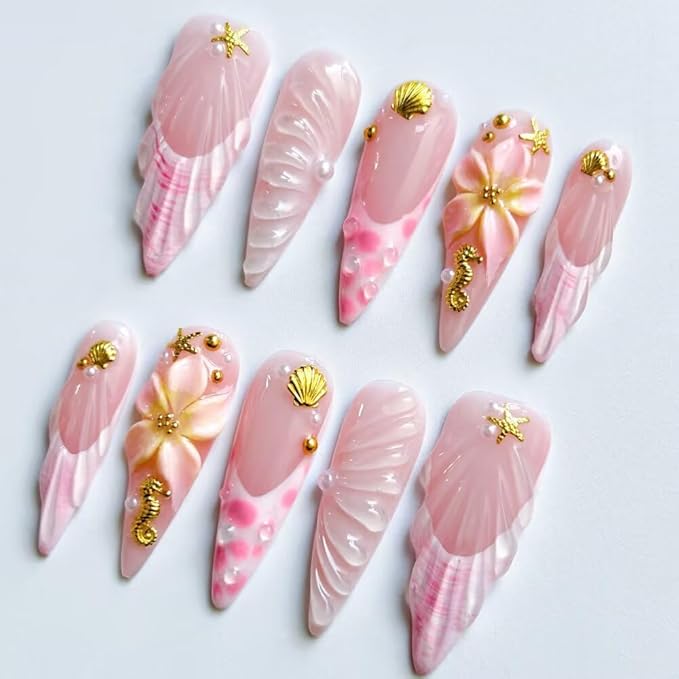 10Pcs Press On Nails - MAGLFELL Handmade Stiletto Pink Fake Nails, 3D Pink Carved Flower, and Gold Plated Accessories Design, Reusable Artificial False Nails for Women Acrylic Nails Kit (Size L)