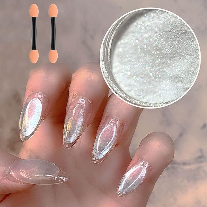 2 Jars White Pearl Nail Powder Pearlescent Nail Pigment High Gloss Glitter Aurora Nail Art Glitter Sequins Chrome Iridescent Pigment DIY Sparkly Paillette Charm Flakes Gel Polish Nail Decorations