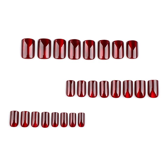 Wine Red Press on Nails Short Square Fake Nails Cat Eye Acrylic Nails Glossy Shiny False Nail Press ons Jelly Gel Design Red Full Cover Glue on Nail for Women Girls Manicure Nail Decoration