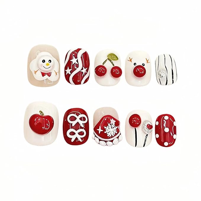 Handmade Press on Nails Short Oval with 3D Festive Design, Kawaii Reindeer & Snowman Holiday Set - Winter White Red Base Cute Multi-Layer Gel False Nails (Cute Snowman,S)