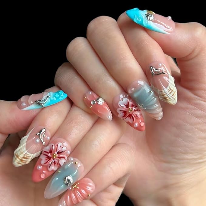 Press On Nails - Handmade French Almond Fake Nails, Cute Shell Nails Design, Reusable Artificial Almond False Nails for Women 10 Pcs 3D Acrylic Nails Kit (Size L)