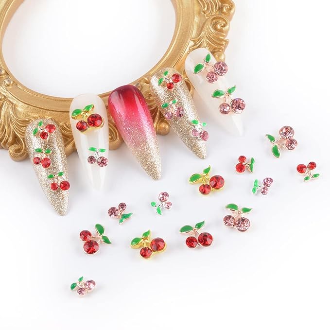 60Pcs Cherry Nail Charms 3D Cherry Nail Rhinestones Glitter Nail Gems Metal Gold Rose Gold Kawaii Fruit Nail Charms for Girl DIY Nail Art Craft Accessories