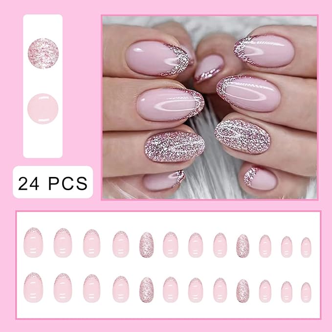 Pink Glitter French Press on Nails Short Almond fake Nails Pink false Nails Full Cover Glitter French Glossy Reusable Artificial Acrylic Nails for Women and Girls DIY Manicure Decoration 24Pcs