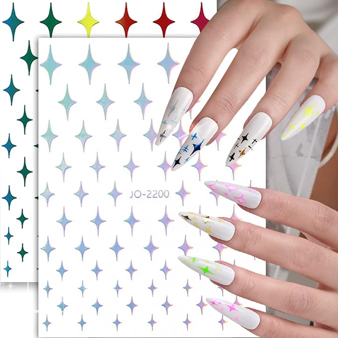 12 Colors Stars Nail Art Stickers, 3D Stars Self-Adhesive Sticker Design, Laser Gold Silver Red Black White Pink Yellow Green Four-Pointed Star Nail Transfer Decals for Women Manicure Decorations