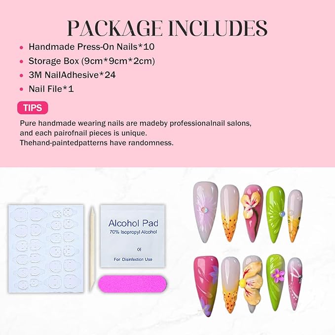 Press on Nails Handmade Stiletto Almond Shaped Medium False Nails Luxury 3D Flower and Droplet Design Full Cover French Tip Muti-Layer Gel Fake Nail Colorful Stick on Nails for Women DIY Nail Art（S)