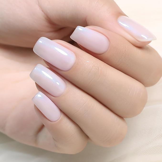 RARJSM Milky White Pink Nude Gel Nail Polish with Blue Pearl Shell Glitter Clear Sheer White Shimmer Gel Polish 15ml UV LED Soak Off Transparent Pale Pink Home Salon French Manicure Curing Requires