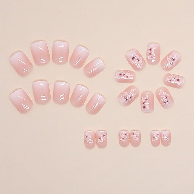 Short Square Press on Nails MABKJLF French Fake Nails Gradient Full Cover White Flower False Nails with Designs Glossy Glue on Nails Acrylic Nails Artificial Nails for Women Girls 24 Pcs