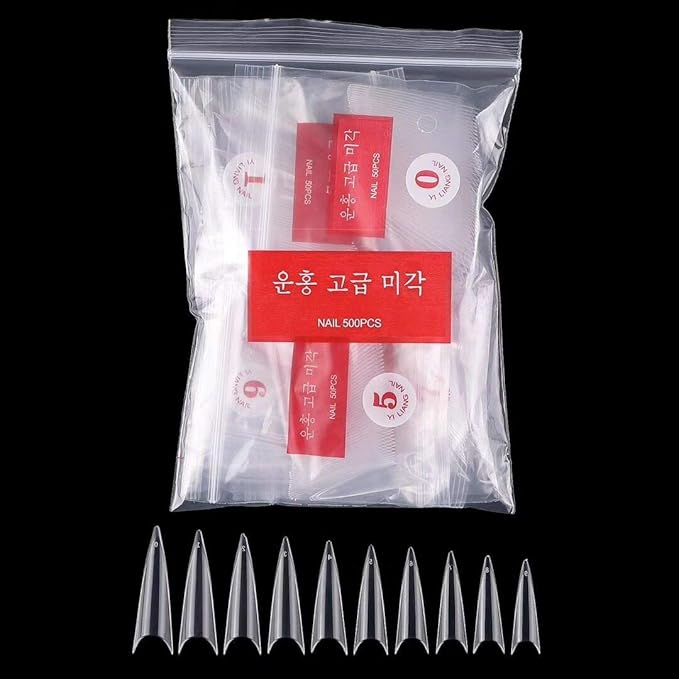 600pcs Stiletto Nail Tips Long Shape Clear Half Cover False Nail Art Tips ，DIY Nail Salon Art 10 Size with Bag