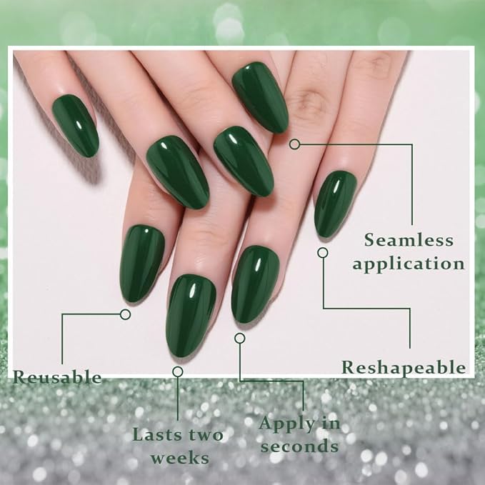 evpct Green Glossy Press on Nails Short Almond, Glossy Green Fake Nails False Nail Pure Color with Kit, Salon Quality Soft Gel Stick on Acrylic False Soft Nails Reusable Full Cover for Women Manicure