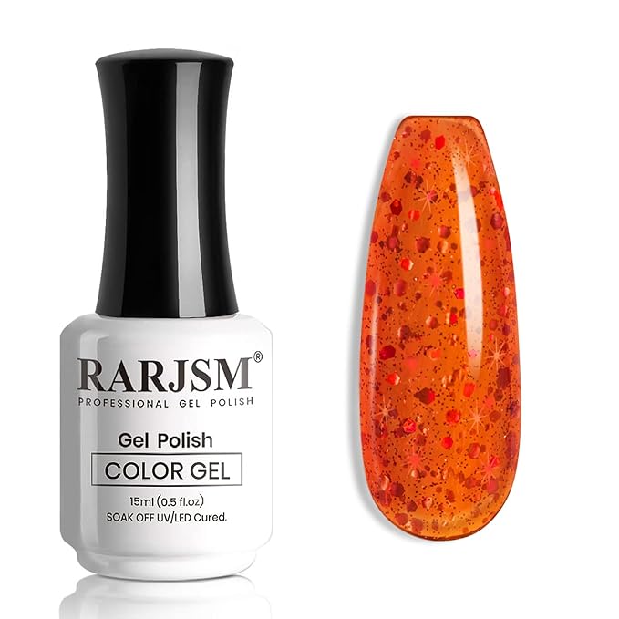 RARJSM Rainbow Glitter Gel Nail Polish Diamond Gel Polish Orange Red Big Flakes Sparkly Chunky Iridescent Pigments Nail Gelpolish Soak off L e d UV Curing Required for Nail Art Salon Manicure