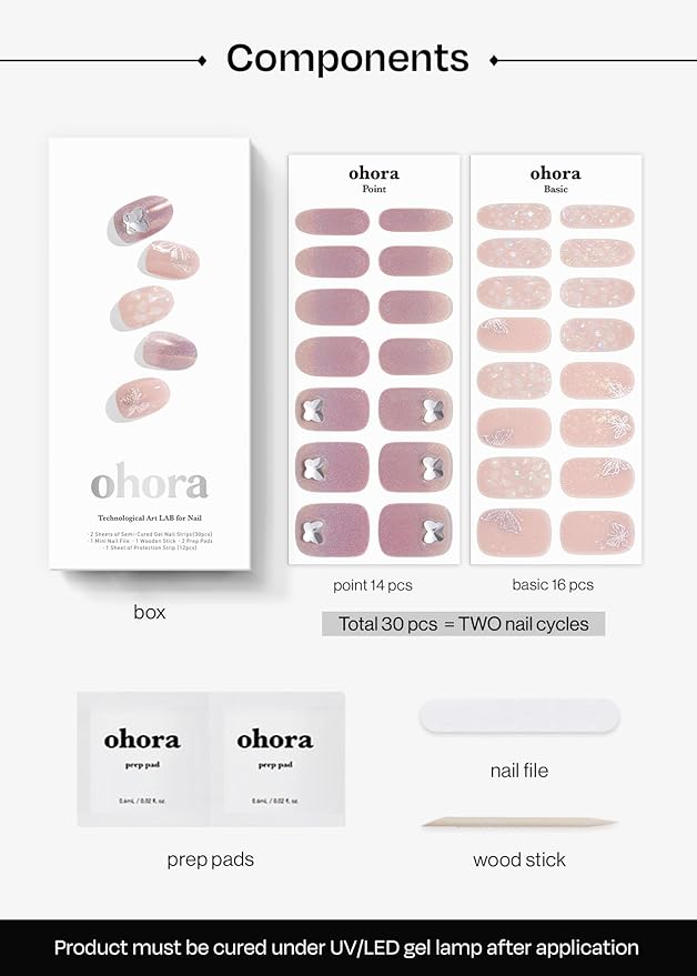 ohora Semi Cured Gel Nail Strips (N Dreamy Flutter) - Works with Any Lamps, Salon-Quality, Long Lasting, Easy to Apply & Remove - Includes 2 Prep Pads, Nail File & Wooden Stick