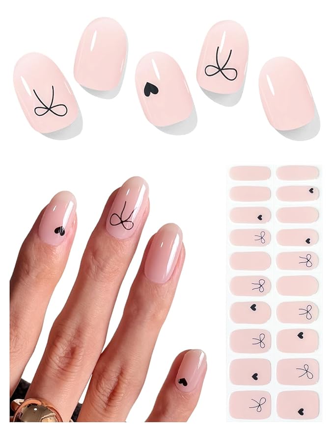 Semi Cured Gel Nail Strips (Black Bow), Jelly Nude, 20 Pcs Gel Nail Wraps, Stickers, UV Light Required, Salon Quality, Long Lasting