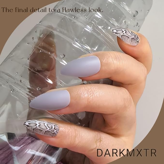 Matte Gray Snake Print Press on Nails, 24Pcs Stiletto Fake Nails with Adhesive Tabs, Animal Pattern False Nails for Women, Reusable Long Fake Nails for DIY Manicure