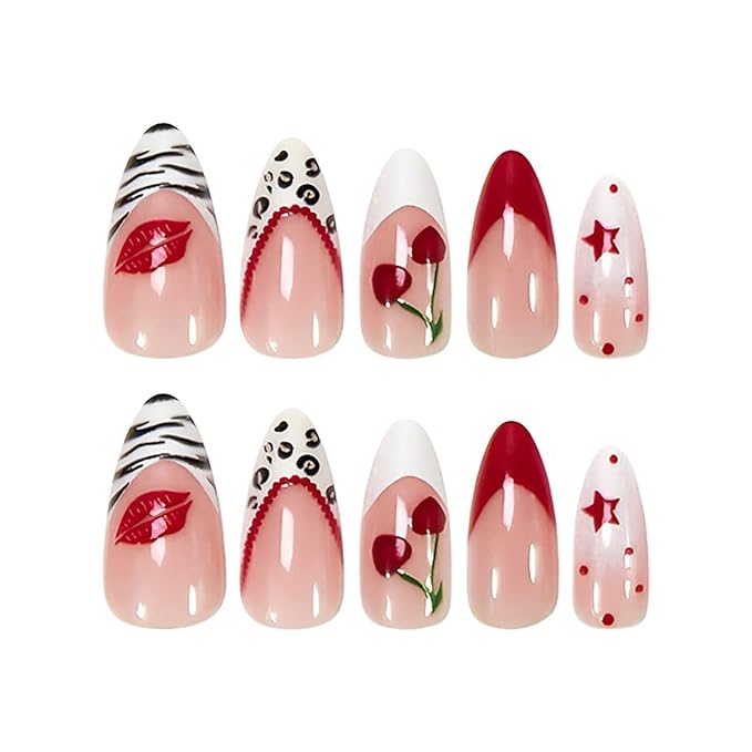 Press on Nails Medium Almond MABKJLF French Tip Fake Nails False Nails with Cherry Stars Zebra Leopard Print Polka Dots Designs Glossy Glue on Nail Full Cover Acrylic Nails for Women Girls 24Pcs