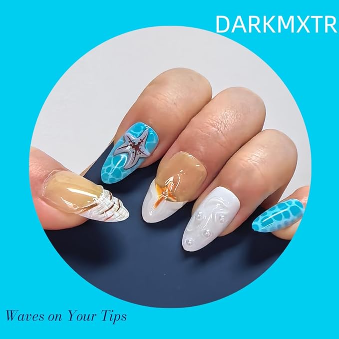 30Pcs 3D Beach Press On Nails - Starfish Shell Design, Long Almond Fake Nails for Summer Vacation