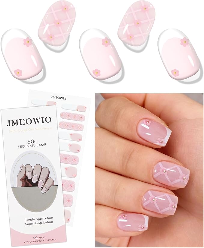 JMEOWIO Gel Nail Stickers French Tip White Pink Flower Semi Cured Gel Nail Strips Wraps UV/LED Nails Art Design Decoration Accessories