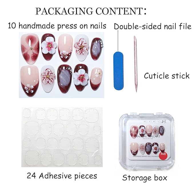 10Pcs Short Almond Handmade Press On Nails | Nude Pink & Burgundy Ombre with 3D Floral & Rhinestone Decor | Reusable Salon-Quality Fake Nails for Women and Girls(251209, S)